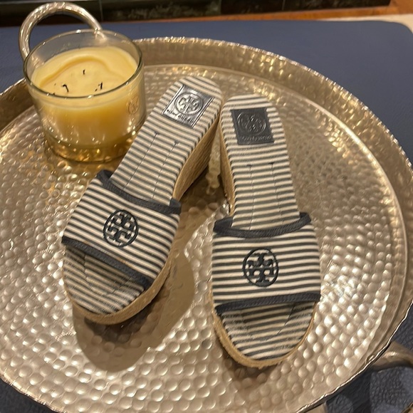 Tory Burch Shoes - Tory Burch Navy and Ivory Striped Canvas Logo slide Rope Wedges Size 8